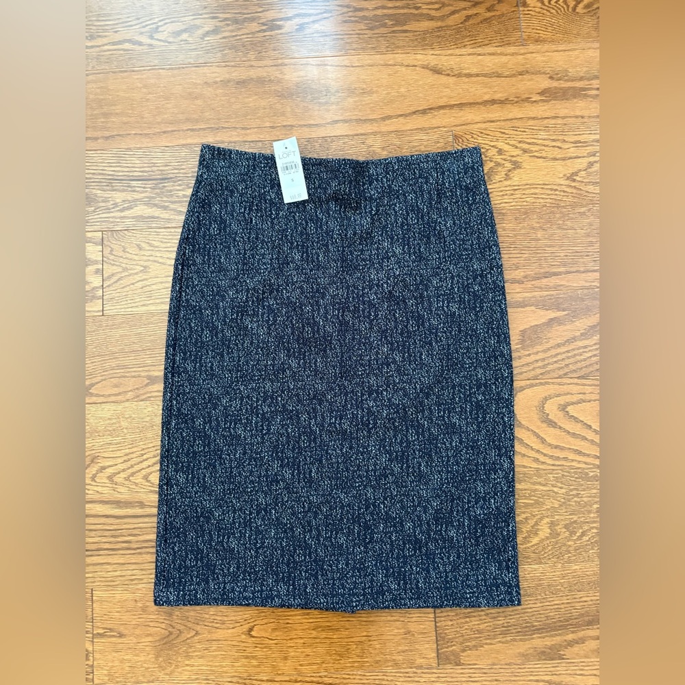 NWT LOFT Navy Blue Pull on Skirt Tweed Stretch Elastic Waist Size S